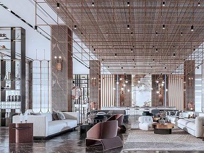 Modern Lounge Area Interior With Stylish Sofa Chairs Coffee Tables And Decorative Ceiling 3d model