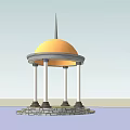 Circular Gazebo With Yellow Dome Spire White Columns And Stone Base Platform 3d model