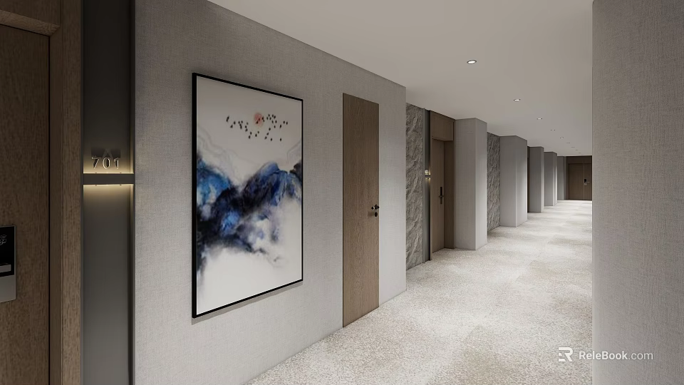 Elegant Hotel Corridor With Ink Mountain Painting Wooden Doors And Recessed Lighting 3d model 