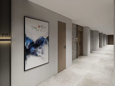 Elegant Hotel Corridor With Ink Mountain Painting Wooden Doors And Recessed Lighting 3d model