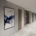 Elegant Hotel Corridor With Ink Mountain Painting Wooden Doors And Recessed Lighting