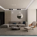 Modern Dining and Living Room Interior with Gray Walls Round Backlit Mirror and White Cabinets