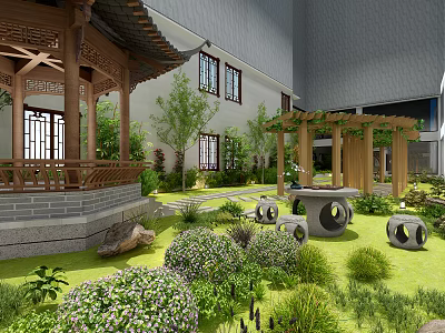 Chinese Style Garden Pavilion With Wooden Structure Green Plants And Stone Furniture In Courtyard 3d model