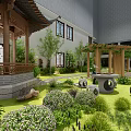 Chinese Style Garden Pavilion With Wooden Structure Green Plants And Stone Furniture In Courtyard