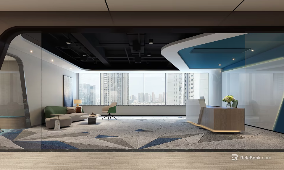 Modern Office Reception Area with Large Windows Sofa Chair Geometric Carpet and Green Plants 3d model 