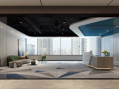 Modern Office Reception Area with Large Windows Sofa Chair Geometric Carpet and Green Plants 3d model