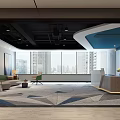 Modern Office Reception Area with Large Windows Sofa Chair Geometric Carpet and Green Plants