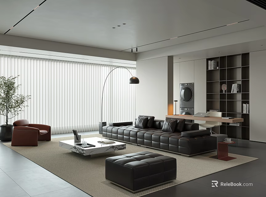 Modern Minimalist Living Room With Black Leather Sofa Marble Coffee Table And Large Floor Curtains 3d model 
