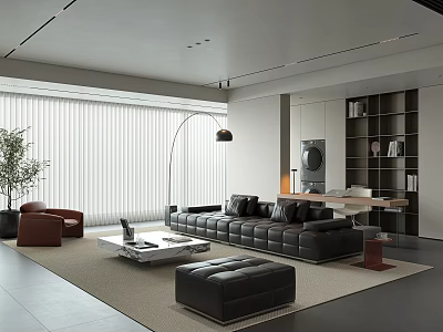 Modern Minimalist Living Room With Black Leather Sofa Marble Coffee Table And Large Floor Curtains 3d model