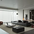 Modern Minimalist Living Room With Black Leather Sofa Marble Coffee Table And Large Floor Curtains