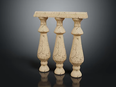 Ornate Crackled Stone Balustrade with Three Decorative Columns Smooth Top and Dark Reflective Surface 3d model