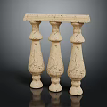Ornate Crackled Stone Balustrade with Three Decorative Columns Smooth Top and Dark Reflective Surface