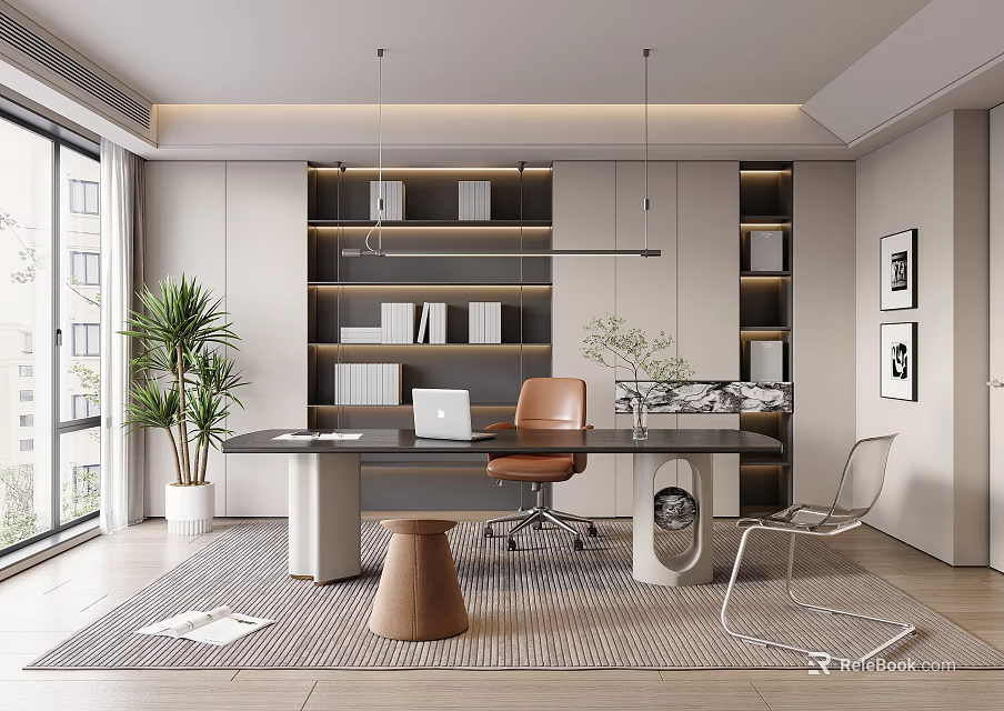 Modern Study Room Interior With Bookshelves Leather Chair Desk And Potted Plant 3d model 