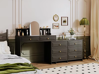 Elegant Black Dressing Table In Bedroom With Mirror Drawers Green Lamp And Framed 3d model