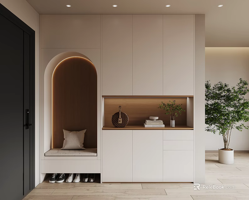 Modern Entryway Hallway Design With White Cabinets Arched Wooden Niche Bench And Green Plant 3d model 