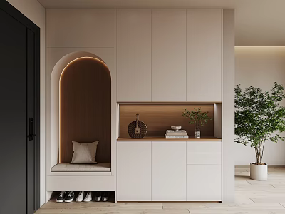 Modern Entryway Hallway Design With White Cabinets Arched Wooden Niche Bench And Green Plant 3d model