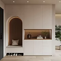Modern Entryway Hallway Design With White Cabinets Arched Wooden Niche Bench And Green Plant