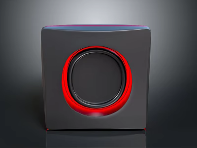 Modern Computer Speaker Featuring Gray Cube Design Red Accent Ring And Black Circular Panel 3d model