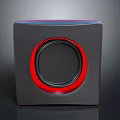 Modern Computer Speaker Featuring Gray Cube Design Red Accent Ring And Black Circular Panel 3d model