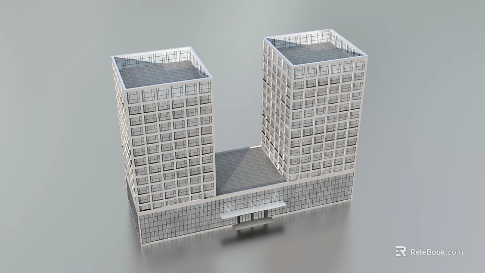 Modern Office Building With Twin Glass Towers And Connected Base Structure 3d model