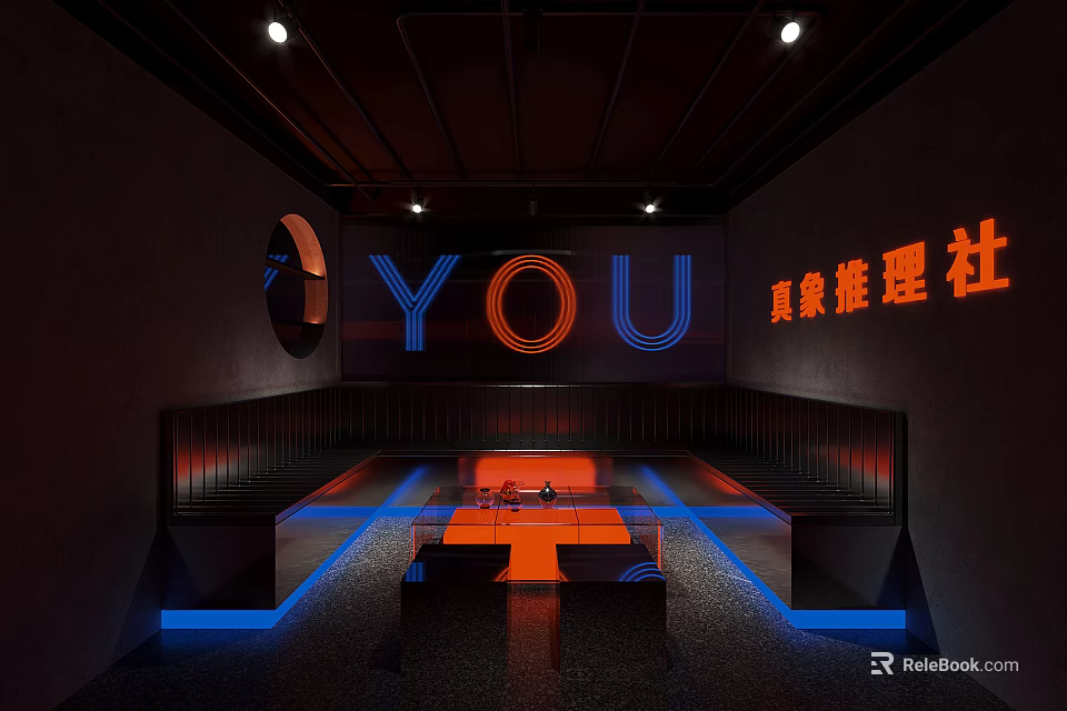 Interior Design With Neon YOU Sign Dark Ambiance Red Blue Lighting And Seating Benches 3d model 