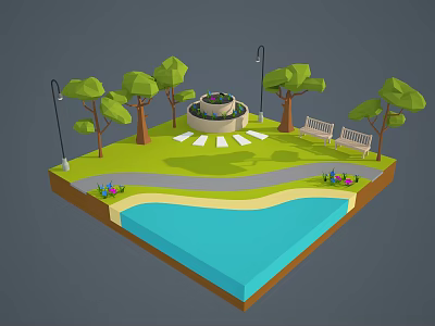Cartoon Scenic Park With Fountain Trees Benches Grass Path And Water Area 3d model