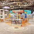 Modern Restaurant Interior With Colorful Pendant Lights Wooden Tables And Colorful Chairs