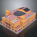 Classical Historic Building Featuring Yellow Facade Red Roof Ornate Towers Circular Dome and Decorative Windows