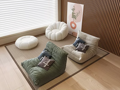Cozy Green And Beige Bean Bag Chairs With Numbered Pillows And Round Ottomans 3d model