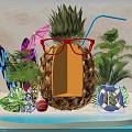 Vibrant Beach Scene Featuring Pineapple With Red Glasses Surfboard Palm Trees And Lifebuoy Decorations