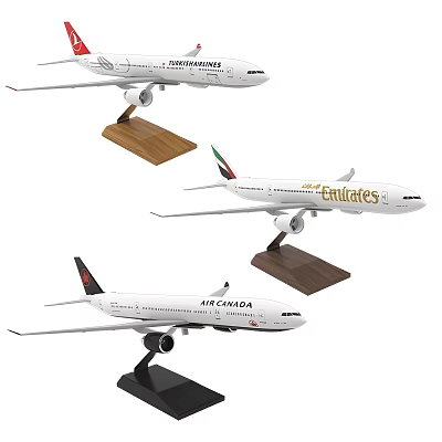 Miniature Airplane Model Decorative Ornament Set with Wooden Black Bases and Airline Logos 3d model