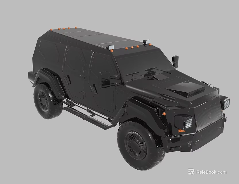 Black Armored Car with Roof Lights Large Tires and Rugged Exterior Design 3d model 