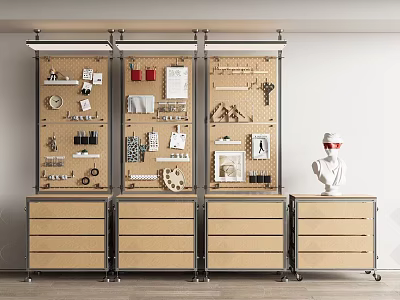 Modern Display Shelf With Pegboard Drawers And Various Decorative Items 3d model