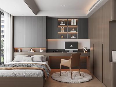 Tatami Bedroom Interior With Bed Desk Chair Cabinets And Bookshelf 3d model