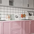 Modern Kitchen Interior With Pink Cabinets Colorful Patterned Tiles And Stools 3d model