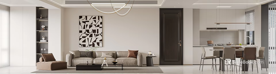 Modern Living and Dining Room With Beige Sofa Geometric Artwork Black Coffee Table And Chandelier 3d model 