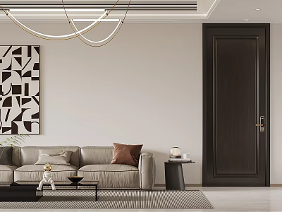 Modern Living and Dining Room With Beige Sofa Geometric Artwork Black Coffee Table And Chandelier 3d model