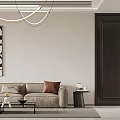 Modern Living and Dining Room With Beige Sofa Geometric Artwork Black Coffee Table And Chandelier