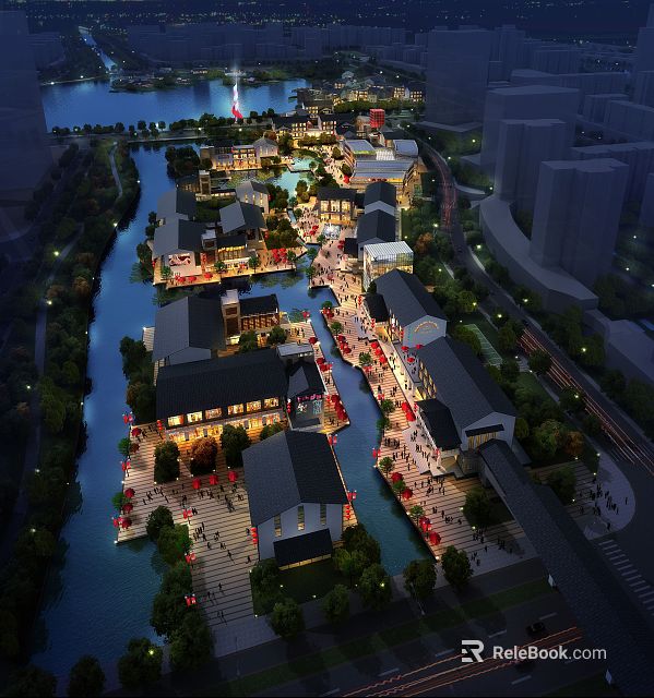 Aerial View Planning of Traditional Waterfront District with Buildings Lights and Pedestrians 3d model 
