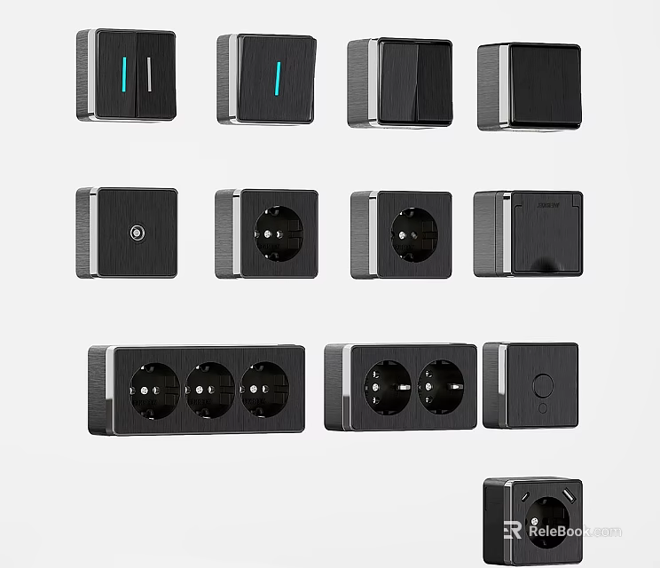 Variety Of Modern Black Switch Panels And Sockets 3d model