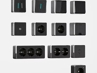 Variety Of Modern Black Switch Panels And Sockets 3d model