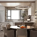 Elegant Modern Restaurant Interior With Round Marble Table Oranges And Open Kitchen