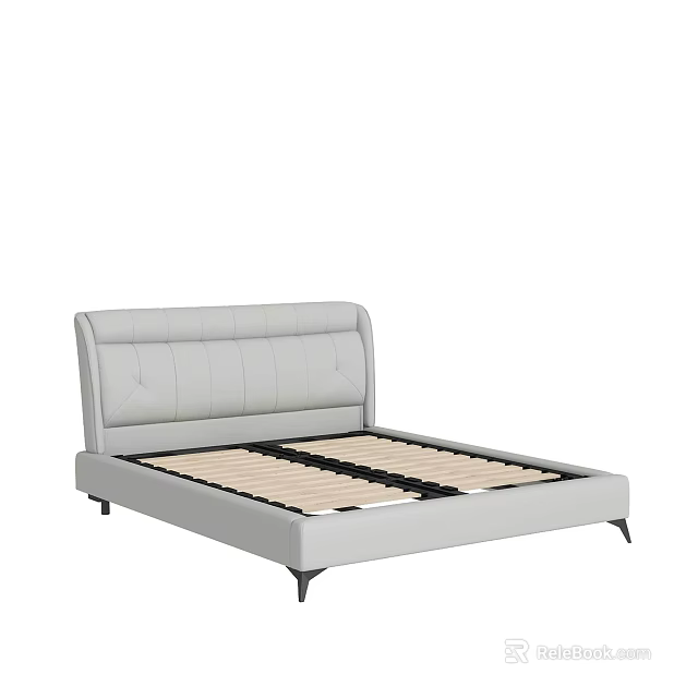 Modern Gray Upholstered Double Bed With Padded Headboard And Wooden Slats 3d model 