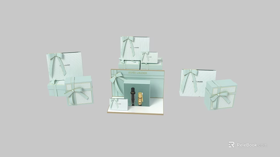 Estee Lauder Light Blue Gift Boxes With Ribbon Decoration And Perfume Bottle 3d model 