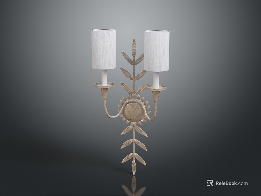 Vintage Style Wall Mounted Lighting Fixture Set With Two White Fabric Shades And Decorative Leaf Design 3d model 