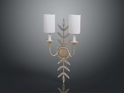 Vintage Style Wall Mounted Lighting Fixture Set With Two White Fabric Shades And Decorative Leaf Design 3d model