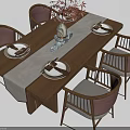 Modern Wooden Dining Table Set With Four Upholstered Chairs Vase Plates And Table Runner