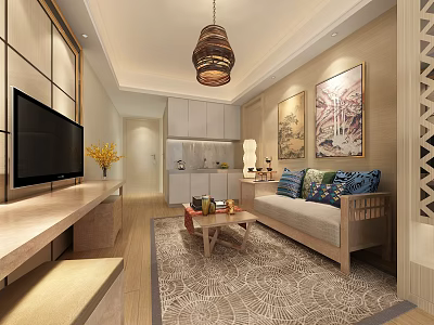 Modern Chinese Style Hotel Guest Room With TV Sofa Coffee Table And Decorative Paintings 3d model