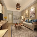 Modern Chinese Style Hotel Guest Room With TV Sofa Coffee Table And Decorative Paintings