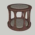 Round Wooden Frame Stool With Beige Padded Seat And Curved Legs Design